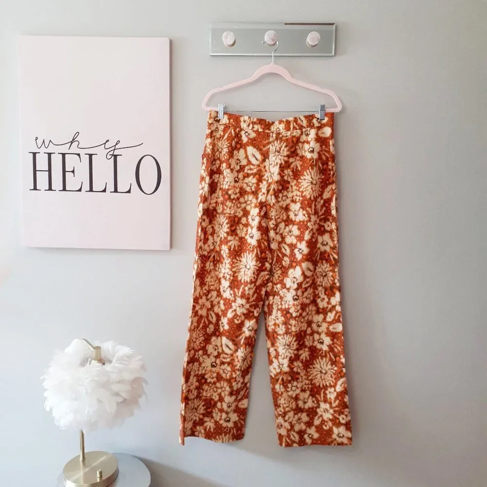 Zara Burnt Orange Floral Wide Leg Pants High Waist Boho Retro XL - Picture 9 of 16